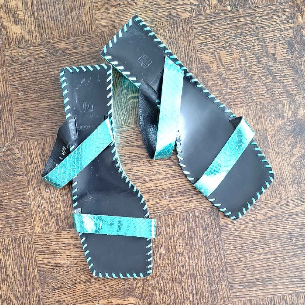 Bruno Magli Metallic Teal Strappy Leather Mules